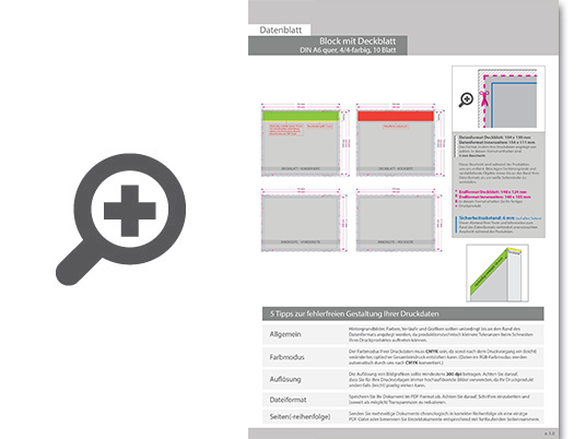 Product Bild block_mit_leimbindung_und_deckblatt__din_a6_quer__10_blatt__4_4_farbig_beidseitig_bedruckt